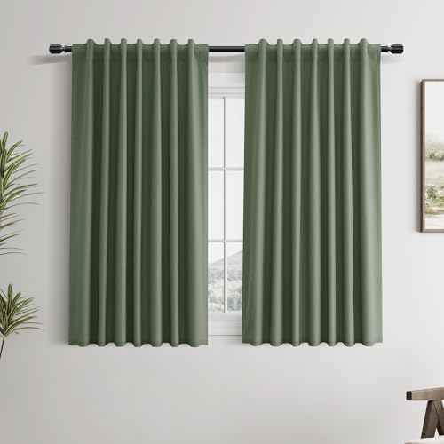 Olive Green 100% Blackout Linen Curtains 54 Inch Length 2 Panels Set Back Tab Hook Belt Country Farmhouse Thermal Insulated Noise Cancelling Window Treatments Curtain for Bedroom Nuersery 52x54 - color: Olive Green, size: 52"W x 54"L (Pack of 2)