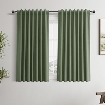Olive Green 100% Blackout Linen Curtains 54 Inch Length 2 Panels Set Back Tab Hook Belt Country Farmhouse Thermal Insulated Noise Cancelling Window Treatments Curtain for Bedroom Nuersery 52x54 - color: Olive Green, size: 52"W x 54"L (Pack of 2)