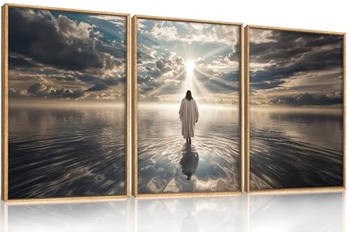 HPNIUB Jesus Canvas Wall Art Set, Jesus Walking On Water Framed Wall Decor Christian Religious Modern Serenity Prayer Art Prints Artwork for Living Room,Bedroom,Farmhouse,Prayer Room-16 x24 x3 - color: Abstract Jesus Wall Art, size: 16"L x 24"W