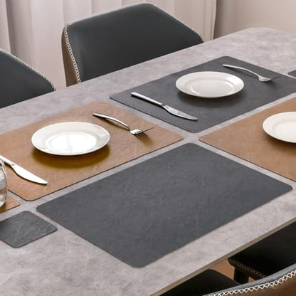 Vinyl Placemats Set of 6, Dual Sided Place Mats with Drink Coasters - color: Brown/Dark Gray Two-tone, size: Set of 6