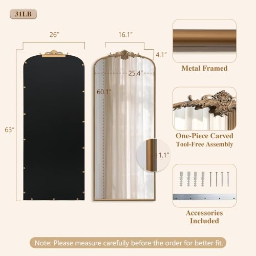 Besdomus Antique Mirror Full Length: 26"x63" Brass Gold Arched Body Mirrors - color: Brass Gold, size: 63"L x 26"W