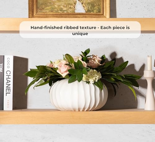 Pots & Patterns 11" Large White Ceramic Flower Vase - Modern Ribbed Low Profile Centerpiece for Dining Table & Home Decor
