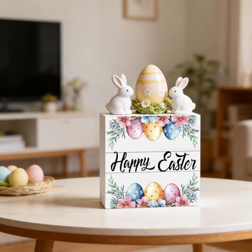 YUNKKIN Easter Table Decorations Easter Decorations Indoor Eggs Flowers Grass Home Room Office Bathroom Wood Box Sign Rustic Wooden Shelf Desk Decor Season Sign House Warming Gifts 5.9 x 5.9 Inch