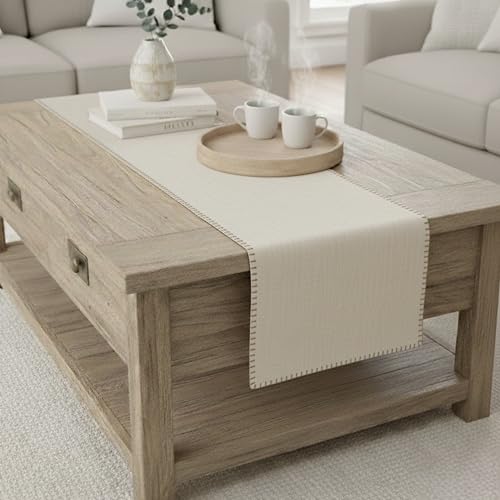 Coffee Table Runner 14 x 36 inch Short Table Runner with Decorative Stitched Edge Natural Cotton Fabric Small Dresser Scarf Dining Table Topper Washable Cloth Decor Table Centerpiece Off White - color: Beige, size: 14"x 36"