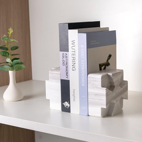 Decorative Square Marble Bookends for Heavy Books – Unique Book Ends for Shelves – Modern Aesthetic Book Holder/Stopper with Non-Slip Pads for Chic Home, Office, or Library Decor, Volakas - style: Square-Volakas