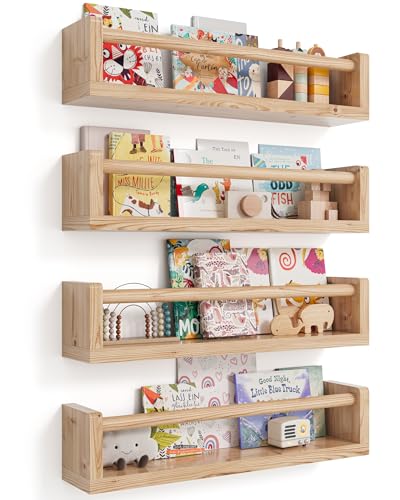 Seocry Nursery Book Shelves, 4 Pack, Wall Book Shelves for Kids Room, Baby, Toddler, Nursery Decor (Wood, 16.5 Inches) - color: Wood, size: 16.5 Inches