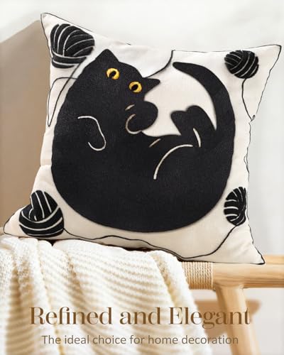Animal Embroidered Throw Pillow Cover 18x18 Inch, Black Cat Yarn - color: Cat Ball, size: 18" x 18" (Pack of 1)