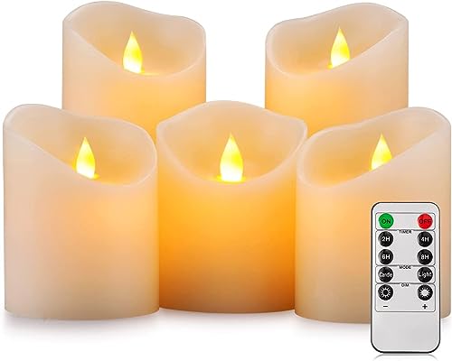 Enpornk 불꽃 없는 양초, 깜박이는 움직이는 불꽃 LED 캔들 5개 세트 (사이즈: D: 7.6cm x 높이: 10.2cm/10.2cm/10.2cm/10.2cm/15.2cm/15.2cm/15.2cm/6인치) 기둥 현실적인 리얼 왁스 배터리 작동 양초 리모컨 포함 2 4 6 8시간 타이머 - color: 아이보리 화이트, 5개 세트