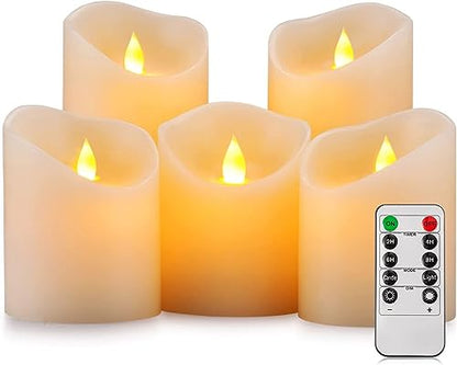 Enpornk 불꽃 없는 양초, 깜박이는 움직이는 불꽃 LED 캔들 5개 세트 (사이즈: D: 7.6cm x 높이: 10.2cm/10.2cm/10.2cm/10.2cm/15.2cm/15.2cm/15.2cm/6인치) 기둥 현실적인 리얼 왁스 배터리 작동 양초 리모컨 포함 2 4 6 8시간 타이머 - color: 아이보리 화이트, 5개 세트