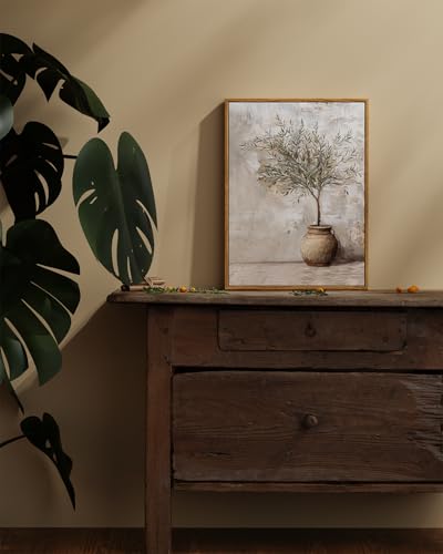 ARPEOTCY Vintage Framed Canvas Wall Art, 12x16inch, Farmhouse Olive Tree in Vessel Wall Decor, Still Life Art Prints Home Decorations, Botanical Paintings for Living Room Bedroom Office Decor - color: Olive Tree, size: 16"L x 12"W