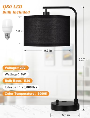 20.7" Tall Table Lamp with USB & Outlet, Fully Dimmable Nightstand Lamp - color: G-Black Shade & Black Base