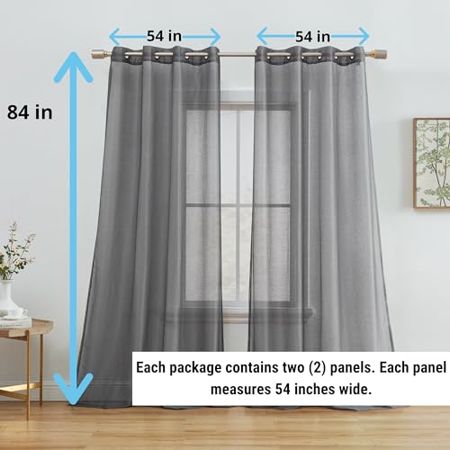 HLC.ME Semi Sheer Grommet Curtains, 2 Panels, 54x84 Inch, Charcoal Grey - color: Charcoal Grey, size: 54"W x 84"L (Pack of 2)
