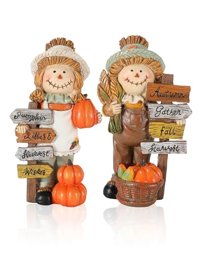 GoGnome 2-Pack Thanksgiving Scarecrow Figurines with Inspirational Autumn Plaques - Durable Resin 5.5'' Thanksgiving Table Decor - Fall Decorations Indoor Outdoor Harvest Gifts (Scarecrows)