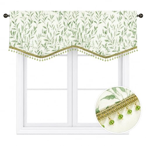 VOGOL Leaf Print Scalloped Window Valance, Beaded Trim, Green, 52 x 16 - color: Green, size: 52"W x 16"L (Pack of 1)