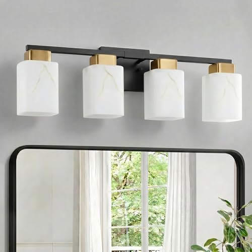 4-Light Square Bathroom Light Fixture, Black and Gold Modern Vanity Light with White Marble Glass Shade, for Bathroom Mirror, Living Room, Bedroom, Hallway, E26 Base - color: Black and Gold, size: 4-Light