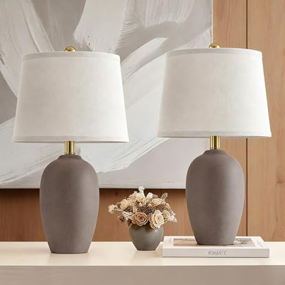 AIEAMPDO 21'' Set of 2 Farmhouse Ceramic Small Table Lamps for Living Room Bedroom, Nightstand Rustic Brown Desk Lamp for Bedside End Table Entryway, 2 LED Bulbs Included - color: Taupe