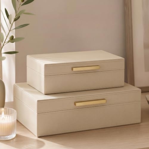 Decorative Storage Boxes with Lids - Set of 2 PU Leather Organizer Bins - color: Beige