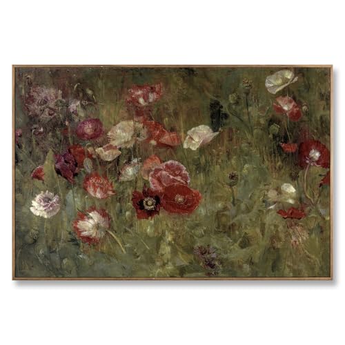 Vintage Poppy Floral Framed Canvas Wall Art, Classical Botanical Oil Painting Style Still Life Print, Natural Wood Frame Retro Farmhouse Wall Decor for Bedroom Office Living Room,36”L x 24”W - color: A Bed of Poppies, size: 36"L x 24"W