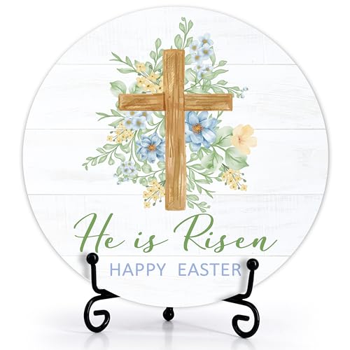 He Is Risen Wood Sign, Happy Easter Decor For Home Office Farmhouse Bedroom Shelf, Spring Floral Table Decoration For Easter Party, Religious Wooden Round Decor Gifts For Women Men Friends -37 - color: Happy Easter
