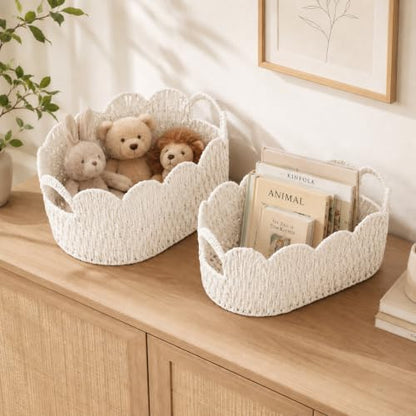 Endymion Set of 2 Paper Rope Scalloped Basket, Wicker Storage Baskets White - color: White