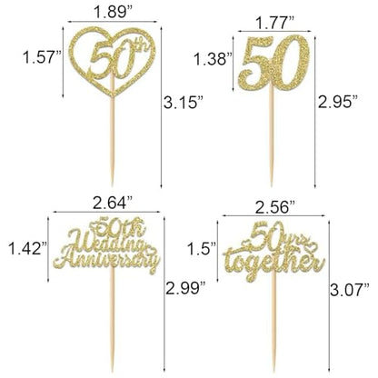 24Pcs 50th Wedding Anniversary Cupcake Toppers Gold Glitter Party Supplies