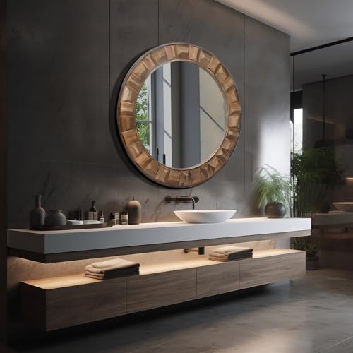 30 Inch Dark Brown Solid Wood Round Wall Mirror - color: A - Round - 30x30 in