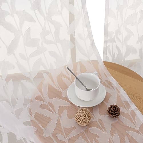 OWENIE Leyna 36 Inch Length Ivory Sheer Curtains Tiers 2 Pieces, Modern Leaf Jacquard Textured Short Kitchen Window Curtain for Living Room Bedroom, Modern Double Rod Pockets, 40Wx36L Inches - color: Ivory, size: 40"W x 36"L (Pack of 2)