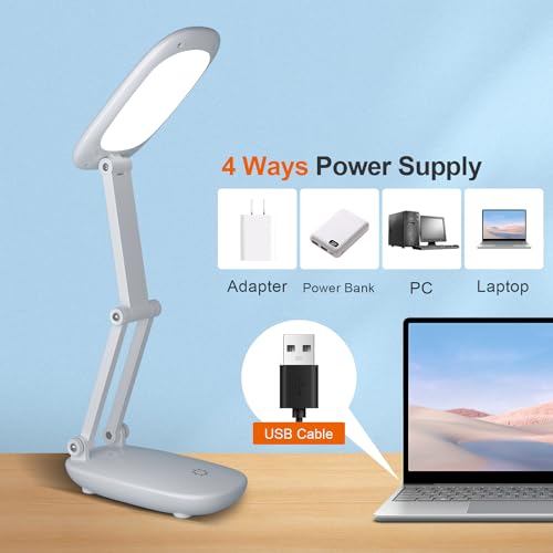 Akejrym LED Desk Lamp for Office Home & Battery Operated Lamp Rechargeable Lamp Foldable & Portable Light, [2-Fold Bracket] 3 Brightness Dimmable Small Desk Lamp Wireless Reading Lamp (White) - color: White