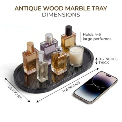 YKAJO Antique Wood Oval Marble Tray, 11.8x5.9 Vanity Perfume Organizer - color: Antique Wood, size: 11.8" x 5.9" x 0.6"