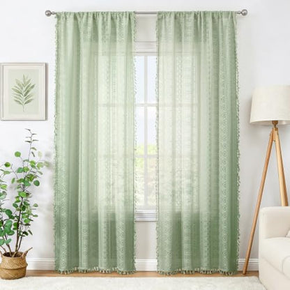 Green Boho Sheer Lace Window Curtains with Tassel, 40" Wx95 Lx2 - color: Green, size: 40"W x 95"L (Pack of 2)