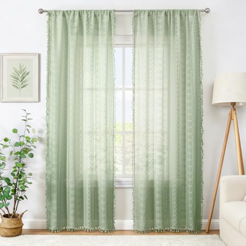Green Boho Sheer Lace Window Curtains with Tassel, 40" Wx63 Lx2 - color: Green, size: 40"W x 63"L (Pack of 2)