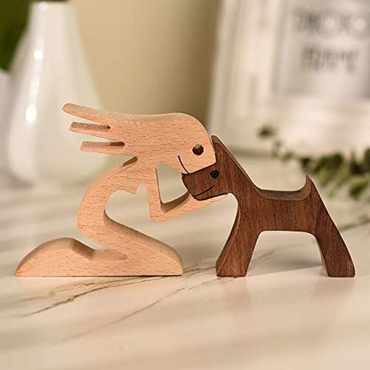 Unique Gift Hand Carved Wood Dog Human Statue Figurine Sculpture Home Office Décor, Wooden Man Dog Carving Model to Remember Friendship Between Dog and People (F) - color: F