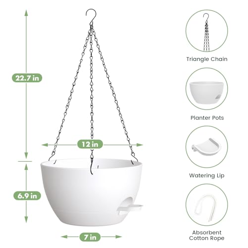 2 Pack 12 Hanging Flower Pots with Chains - Self Watering Plastic Planters for Indoor & Outdoor Plants, Sturdy Triangular Iron Chain Design for Garden PorchPlastic Hanging Flower pots (White) - color: White