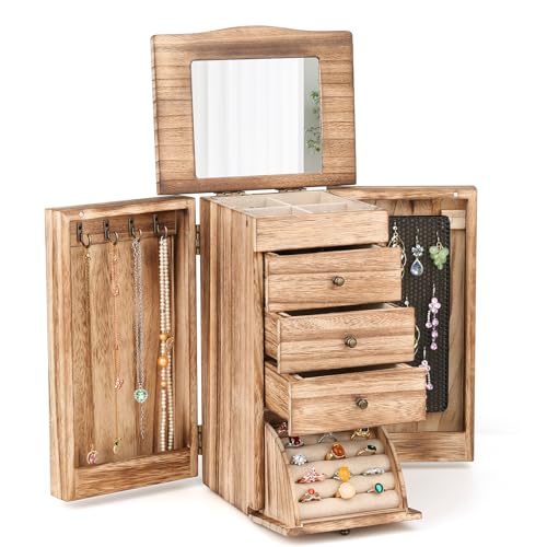 Meangood Jewelry Box Jewelry Organizer, 5-Layer Wooden Jewelry Organizers and Storage Boxes for Women Girls, Ring Earring Bracelet Necklace Holder Organizer with Mirror & Drawers (Carbonized Black) - color: Torched Wood, size: 3-Drawer