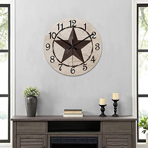 Round Farmhouse Wall Clock Western Texas Star Classic Style Wood Clock Silent Non-ticking Battery Operated Easy to Read Antique Wall Hanging Desk Clock for Living Room Kitchen Farmhouse 12 Inch - color: Style, size: 12in