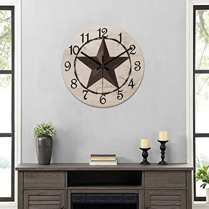 Round Farmhouse Wall Clock Western Texas Star Classic Style Wood Clock Silent Non-ticking Battery Operated Easy to Read Antique Wall Hanging Desk Clock for Living Room Kitchen Farmhouse 12 Inch - color: Style, size: 12in