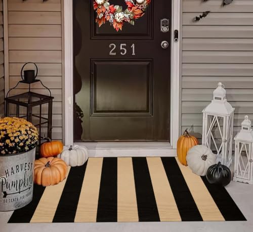 Striped Layering Rug 27.5"x43",Black and Tan Farmhouse Front Porch Mat - color: Black Tan, size: 2'4" x 3'7" (Rectangular)