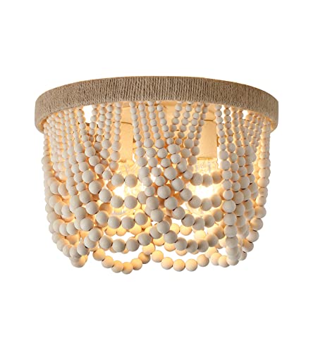AMZASA Wood Beaded Flush Mount Ceiling Light Farmhouse Rustic Small Boho Chandelier Light Fixture for Bedroom Hallway Entryway Closet Kitchen Dining Room Living Room Nursery 3-Lights - color: Hemp Rope Ceiling Light