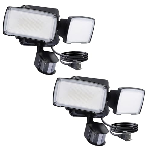 LUTEC 2 Pack 21W Plug in Motion Sensor Light Outdoor, Flood Lights Outdoor Motion Sensor,2500LM, 5000K Daylight,IP65 Waterproof,Adjustable 2 Heads Wall Light for Garage, Porch, Yard - Black - color: Black, size: 2 Pack