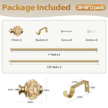 2 Pack Curtain Rods, 1 Inch Telescoping Drapery Rod 28 to 48 inch (2.3 to 4 ft), USFOOK Curtain Rods for Windows 16 to 44 Inches, Luxury Gold Translucent Finials - color: Luxury Gold, size: 28-48"(2 Pack)