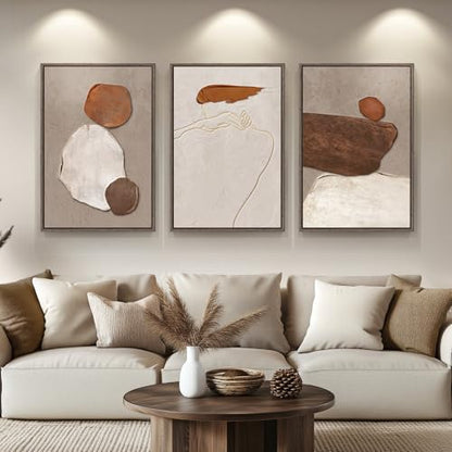 Large Framed Neutral Abstract Wall Art, Set of 3, Beige Brown, 24x36 In - color: Earthy, size: 24" W x 36" H x 3pcs