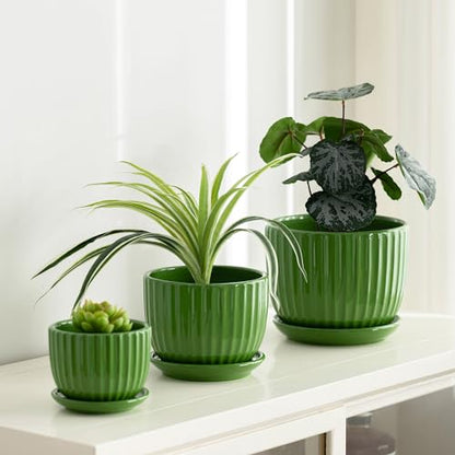 Green Plant Pots,Ceramic Planters with Drainage Holes & Saucers Set of 3 - color: Green