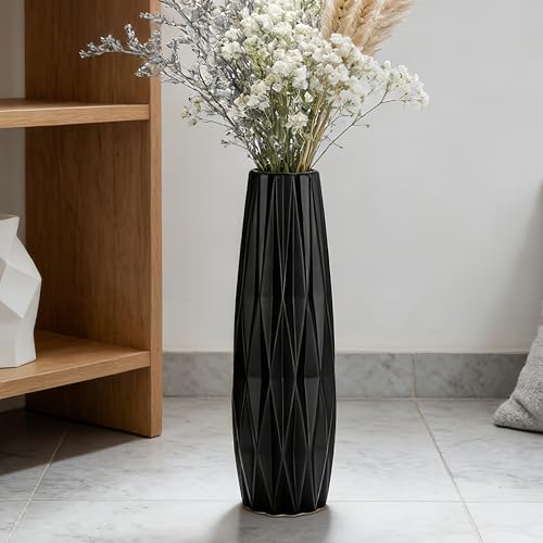 Black Tall Ceramic Floor Vase, 15.7 Inch, Ribbed Design - size: 15.7 Inch