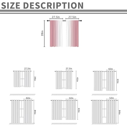 Pink Kitchen Curtains, Ombre, 2 Panels, 27.5" W x 39" L, Rod Pocket - color: Pink and White, size: 27.5"W x 39"L (Pack of 2)
