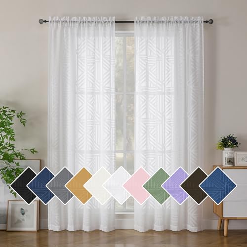 Simplebrand Sheer White Curtains 72 Inch Length 2 Panels for Living Room, Light Filtering Geometric Jacquard Clip Textured Semi Sheer Curtains for Front Back Patio Glass Door with Rod Pocket，42x72 in - color: White, size: 42"W x 72"L (Pack of 2)