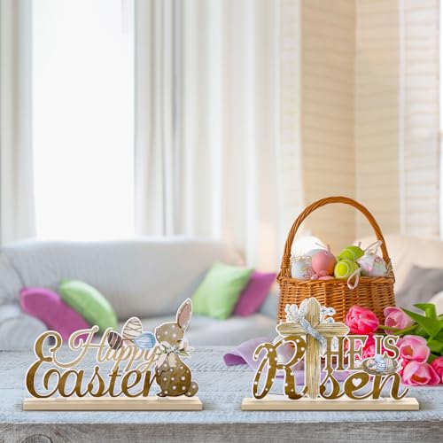 Blulu 5 Pieces Easter Table Decorations Wooden Bunny Signs Wood Easter Centerpieces for Farmhouse Rustic Home Office Tier Tray Decor Table Decoration Supplies(He is Risen)