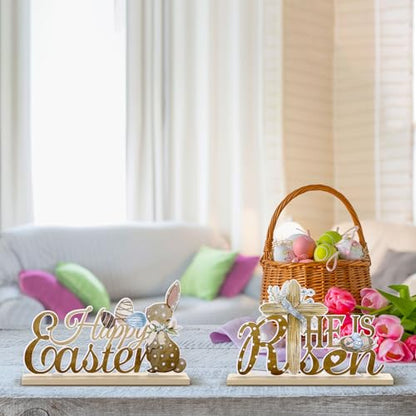 Blulu 5 Pieces Easter Table Decorations Wooden Bunny Signs Wood Easter Centerpieces for Farmhouse Rustic Home Office Tier Tray Decor Table Decoration Supplies(He is Risen)
