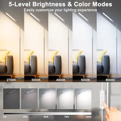 Bright Floor Lamp, 18W/2000LM Silver LED Floor Lamp with Double Head - color: Silver