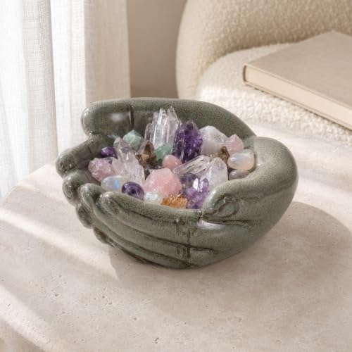 Ceramic Hands Bowl Dish Sculpture, Giving Hands Candy Holder for Succulent Planter, Crystal Rock Holder, Office, Keys Bowl for Entryway Table (Vintage Green) - color: Vintage Green