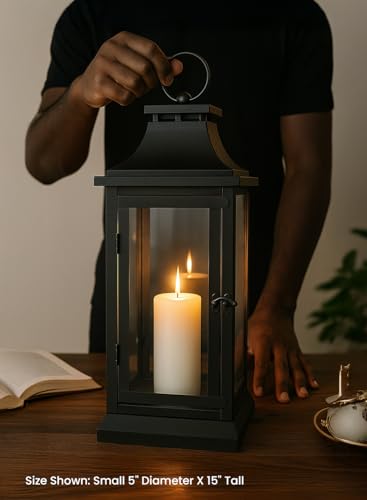 Serene Spaces Living Black Metal Hurricane Lantern with Clear Glass – 15" Tall, 5" Square. Versatile Hanging/Tabletop Candle Holder for Weddings, Parties, Indoor & Outdoor Home décor. - size: Medium, Pack of 1